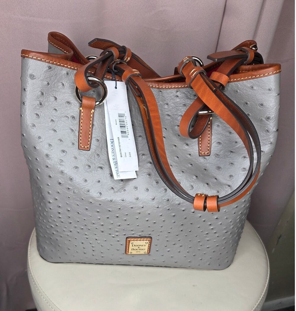 NWT Dooney & Bourke Ostrich-Embossed Leather Charleston Shopper Tote - Grey/Tan